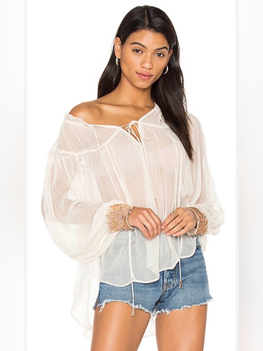 Free People Dream Cuff Sheer Beige Peasant Blouse with Sequin Cuffs